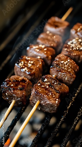 Grilled Wagyu Skewers with Teriyaki Glaze and Sesame Seeds. photo