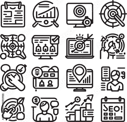 digital marketing icons set including Management, SEO, target, ad, analytics