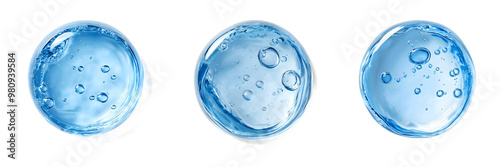 
Glycerin gel texture. Blue serum toner drop isolated on white background. Liquid gel moisturizer with bubbles macro