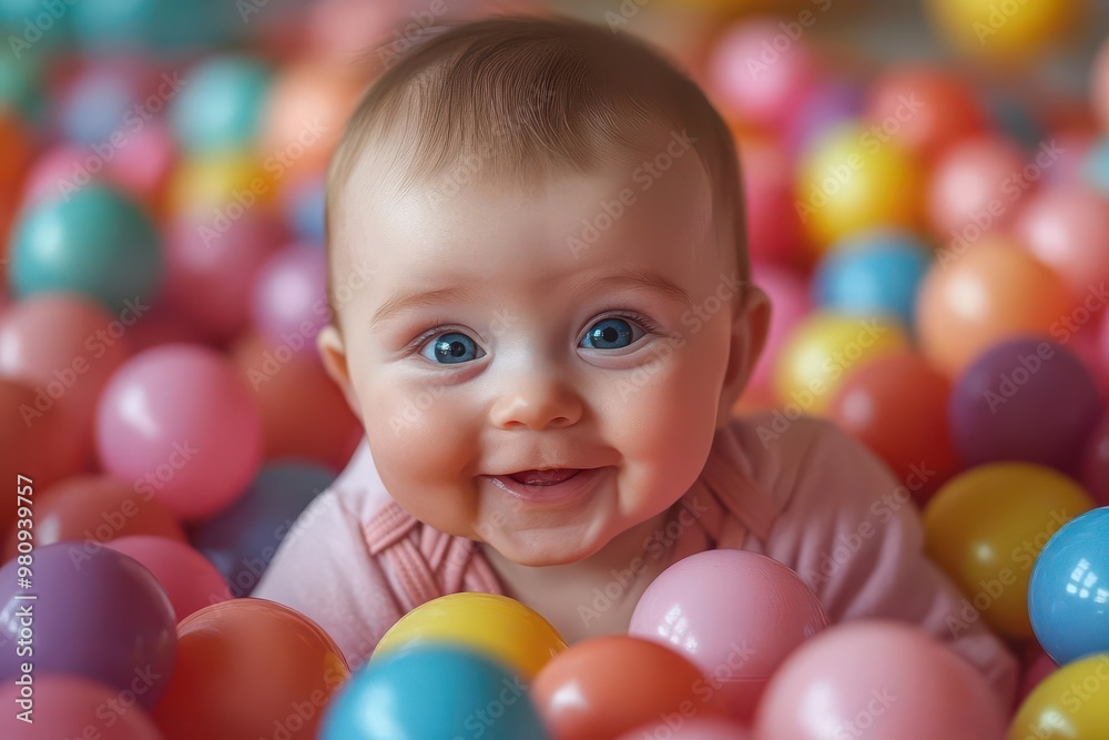 playful innocence laughing baby surrounded by colorful balls in vibrant ball pit joyful childhood moment playful innocence laughing baby surrounded by colorful balls in vibrant ball pit joyful childhood moment