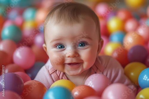 playful innocence laughing baby surrounded by colorful balls in vibrant ball pit joyful childhood moment