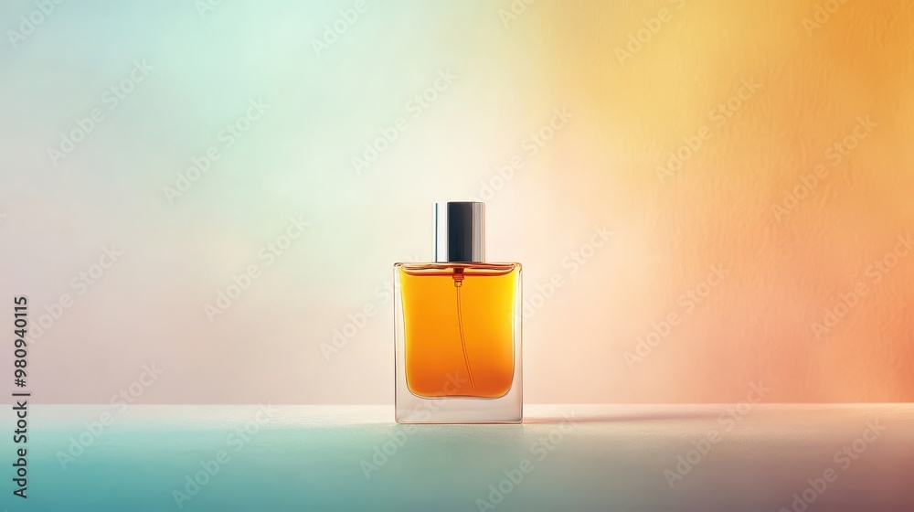 Modern perfume bottle with a clean, simple label and a backdrop of soft, warm hues Modern perfume bottle with a clean, simple label and a backdrop of soft, warm hues