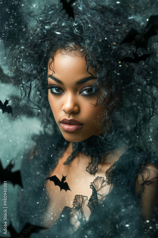 Beautiful Young Gothic Woman Enveloped by Bats, Capturing the Essence of Halloween Spirit Beautiful Young Gothic Woman Enveloped by Bats, Capturing the Essence of Halloween Spirit