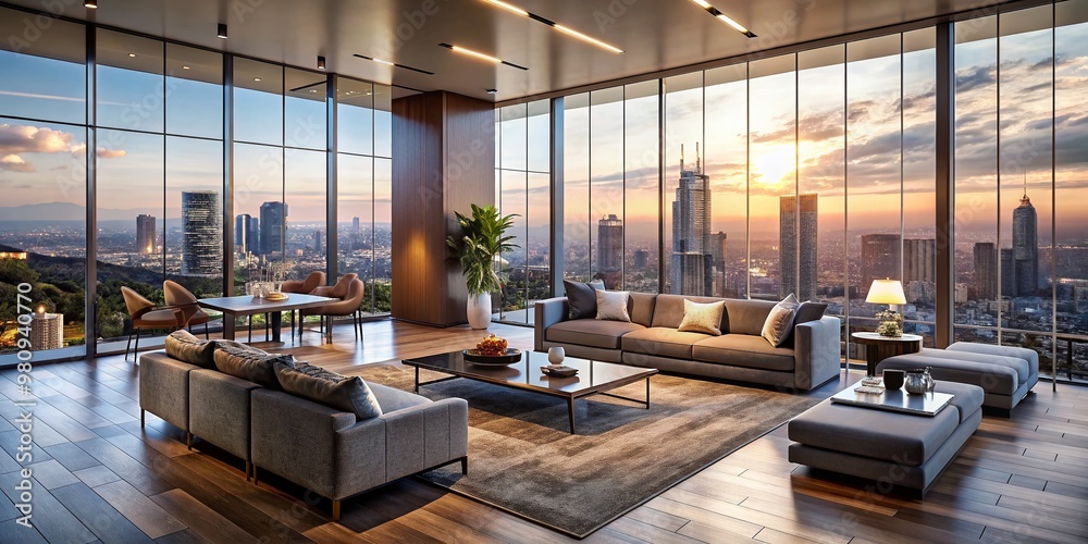 Modern luxurious living room interior design concept with sleek lines, minimalist decor, and expansive floor-to-ceiling Modern luxurious living room interior design concept with sleek lines, minimalist decor, and expansive floor-to-ceiling