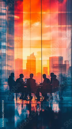 Silhouettes of corporate professionals meeting in a modern office with a stunning view of the la defense business district in paris at sunset