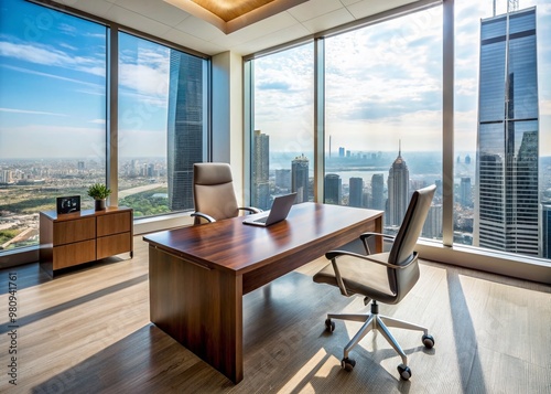 Modern minimalist executive desk and ergonomic chair situated in sleek, high-rise office building with panoramic views