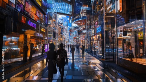 A futuristic digital avatar walking down a bustling virtual street filled with shops, buildings, and other avatars in the metaverse.