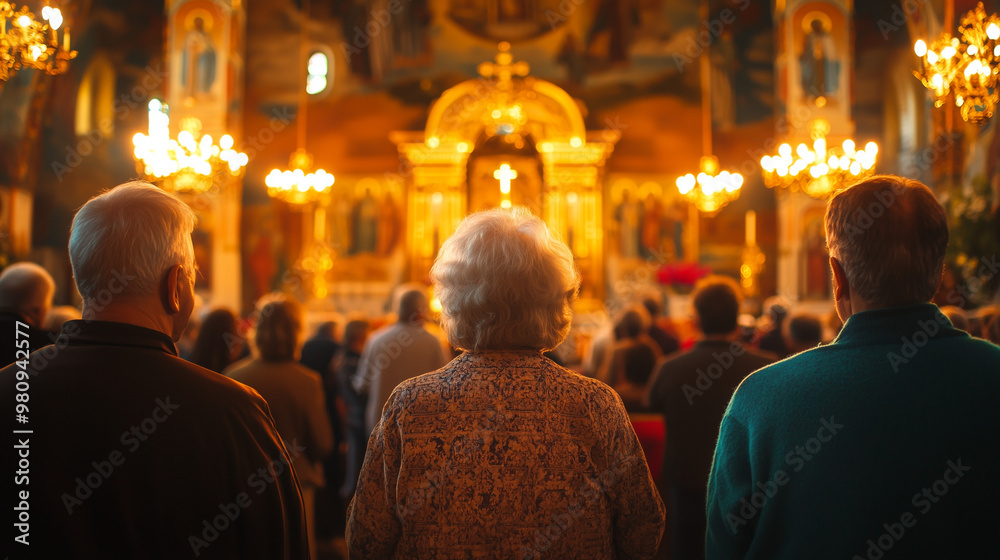 Back view of unknown people sit in a church pew facing the altar Back view of unknown people sit in a church pew facing the altar