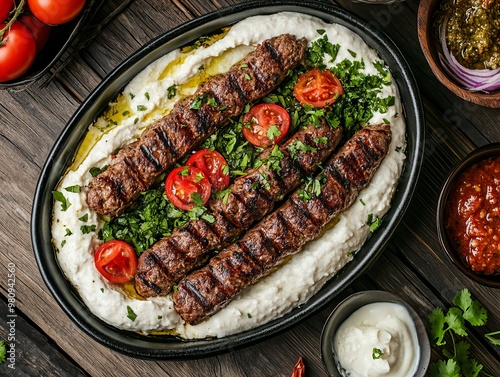 A Ali Nazik Kebab. The most popular Turkish dishes. Grilled minced meat served over a smoky eggplant puree mixed with yogurt and garlic, garnished with butter. photo