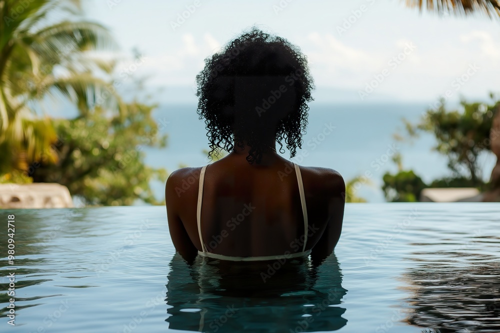 Travelers relaxing in an infinity pool overlooking a serene beach during a luxurious vacation Travelers relaxing in an infinity pool overlooking a serene beach during a luxurious vacation