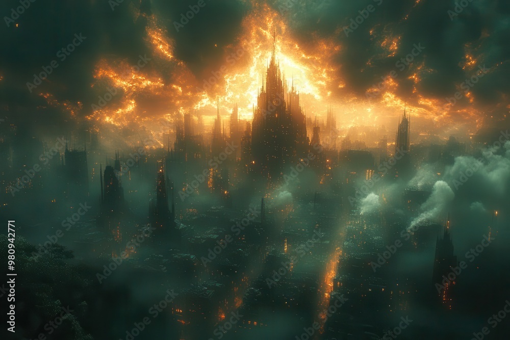 Fototapeta premium postapocalyptic cityscape crumbling skyscrapers abandoned streets dramatic lighting atmosphere of desolation remnants of civilization