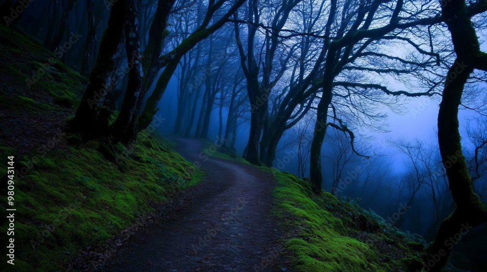 Obraz premium There is fog covering the forest filled with many trees.