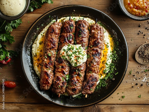 A Ali Nazik Kebab. The most popular Turkish dishes. Grilled minced meat served over a smoky eggplant puree mixed with yogurt and garlic, garnished with butter. photo