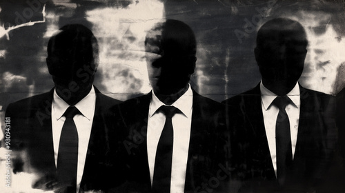 Three men in suits posing for a portrait with darkened faces