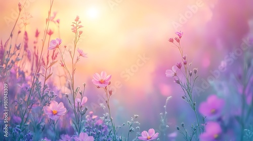 A serene landscape featuring delicate flowers in soft pastel colors under a gentle sunlight.