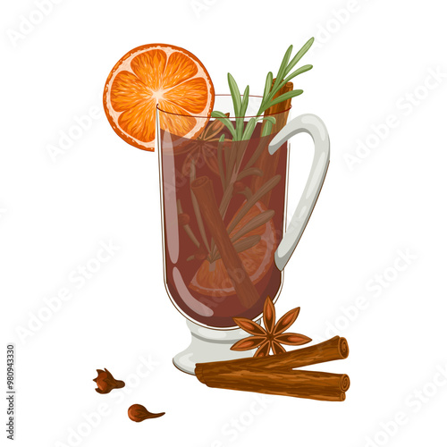 Glass of mulled wine with cinnamon, orange and rosemary. National Mulled Wine Day. Red punch with fruit and spices drawing. Gluhwein vector composition for menu, prints