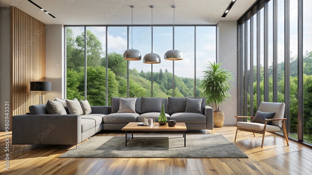 Fototapeta premium Modern minimalist living room with sleek gray sofa, floor-to-ceiling windows, and soft natural light illuminating