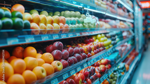 Colorful display of fresh fruits neatly arranged in a supermarket aisle, showcasing variety and promoting healthy eating choices.