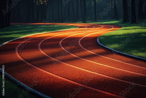 pristine running track curves through frame vibrant red lanes contrast against lush green infield early morning light casts long shadows inspirational sports photography photo