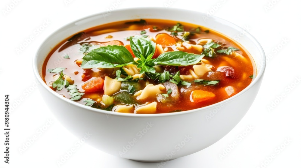 A bowl of Italian minestrone soup with vegetables and pasta, garnished with fresh herbs, presented on a white background to emphasize the vibrant colors and hearty texture. A bowl of Italian minestrone soup with vegetables and pasta, garnished with fresh herbs, presented on a white background to emphasize the vibrant colors and hearty texture.