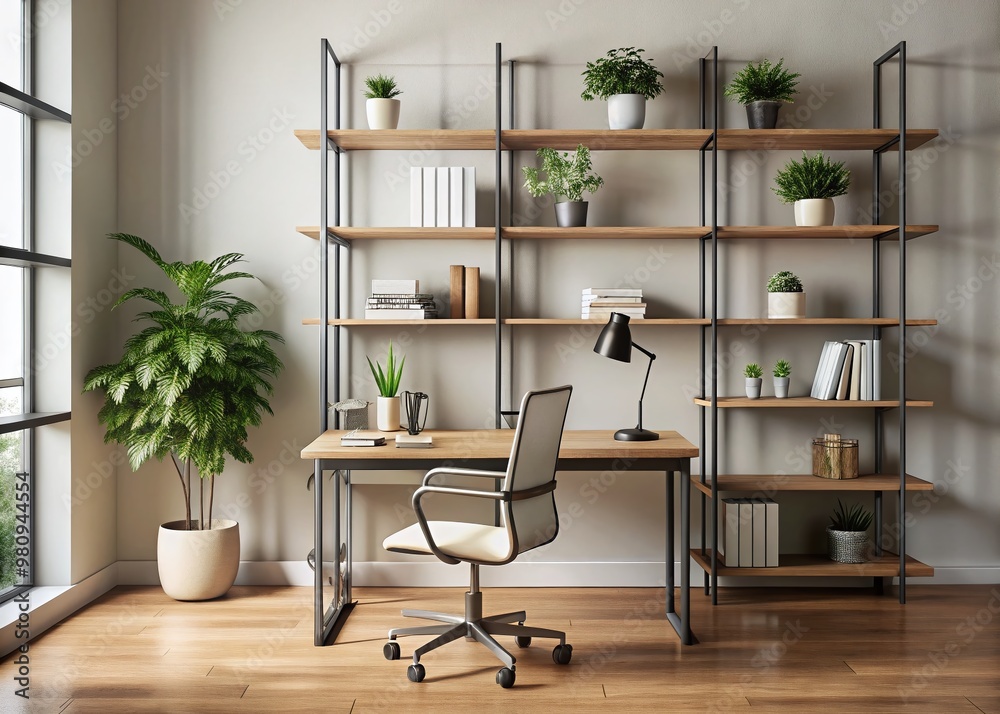 Modern minimalist office space with sleek 28mm metal frame desk, ergonomic chair, and wooden shelving units amidst a Modern minimalist office space with sleek 28mm metal frame desk, ergonomic chair, and wooden shelving units amidst a
