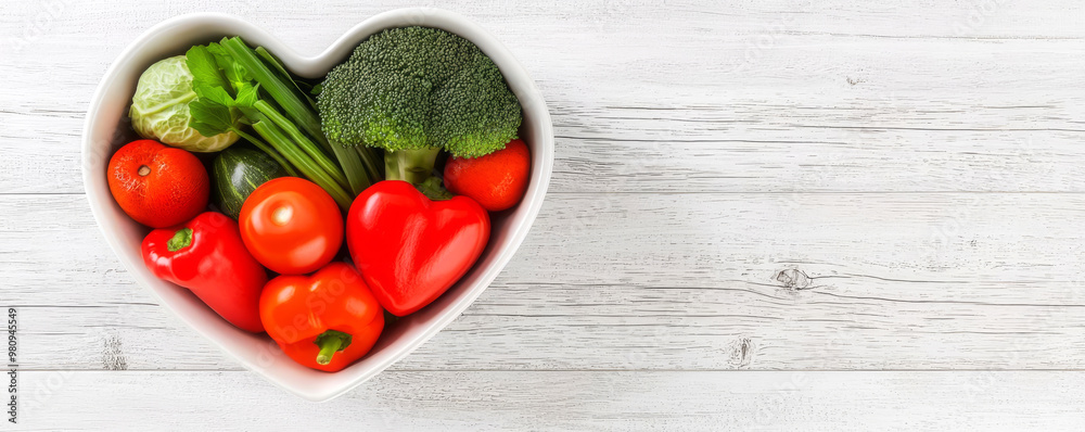 Heartshaped bowl filled with fresh vegetables, healthy eating for wellness, 3D illustration Heartshaped bowl filled with fresh vegetables, healthy eating for wellness, 3D illustration