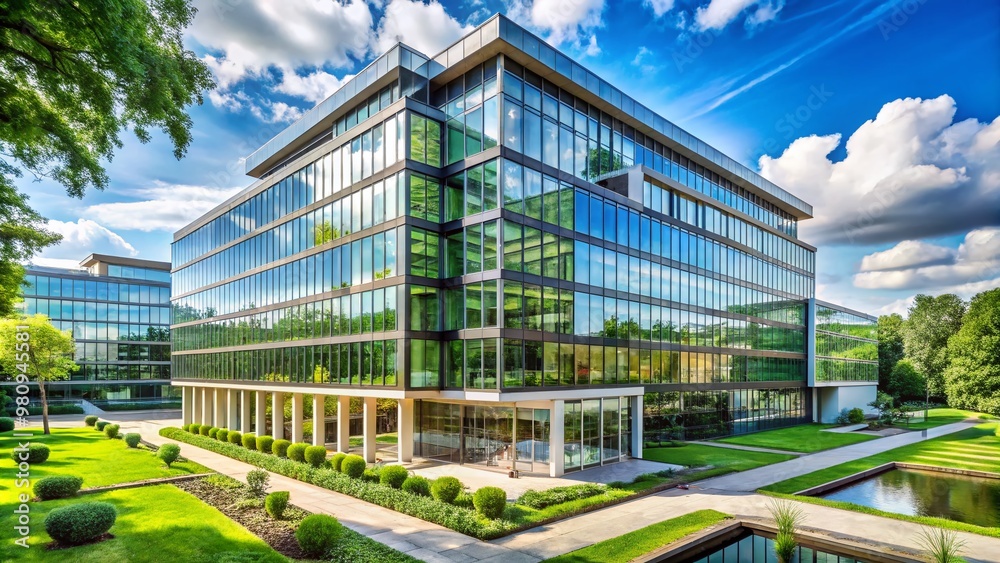 Modern office building with a sleek glass façade and contemporary architecture, surrounded by lush greenery, conveying Modern office building with a sleek glass façade and contemporary architecture, surrounded by lush greenery, conveying