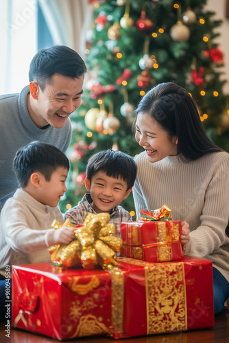 Chinese family with new year gifts near christmas tree