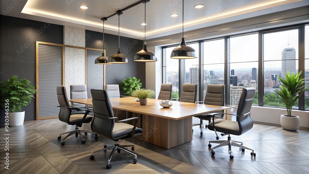 Modern office interior featuring a sleek 9-foot conference table surrounded by 5 ergonomic chairs and complemented by