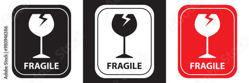 sticker fragile  red white and black  fragile warning label with broken glass symbol, this side up sign, keep dry and avoid liquid sign. vector illustration. EPS 10