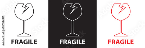 sticker fragile  red white and black  fragile warning label with broken glass symbol, this side up sign, keep dry and avoid liquid sign. vector illustration. EPS 10