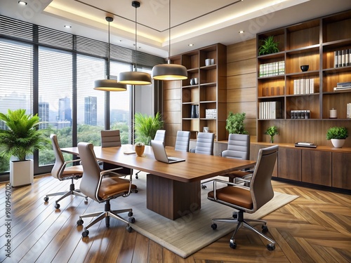 Wallpaper Mural Modern office interior with sleek core furniture, including a conference table, ergonomic chairs, and floor-to-ceiling Torontodigital.ca