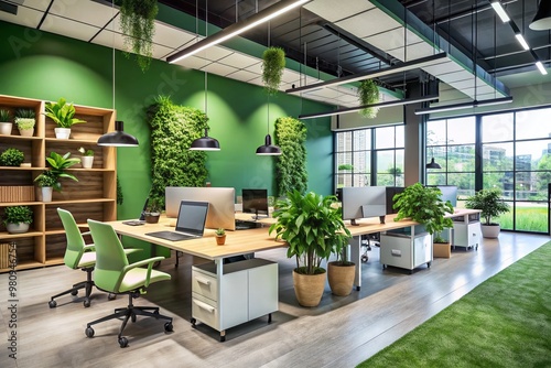 Modern office interior with sleek furniture, green walls, and collaborative workspaces, showcasing a forward-thinking