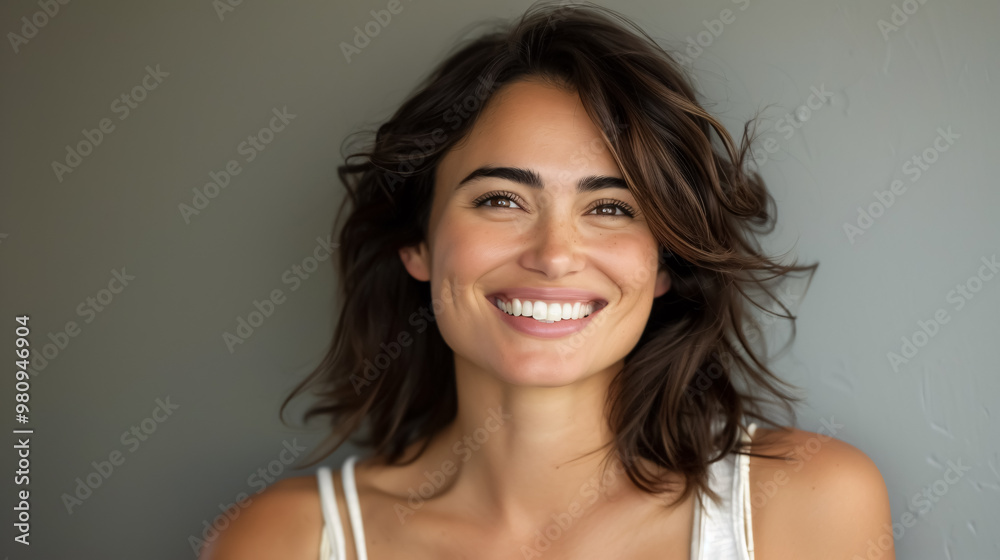 Big bright white smile headshot with a beautiful brunette woman sincere happy cheerful positive expression Big bright white smile headshot with a beautiful brunette woman sincere happy cheerful positive expression