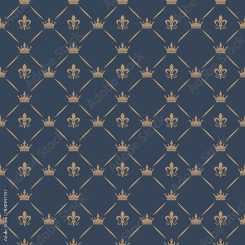 A decorative pattern featuring crowns and fleur-de-lis on a dark blue background, suitable for textiles or wallpapers.