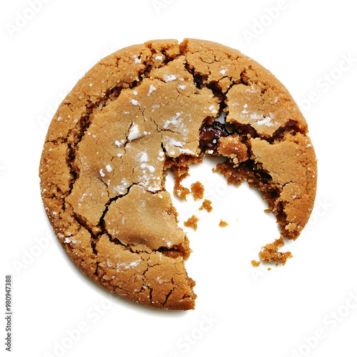 Close up of an half eaten cookie with crumb against a white background photo