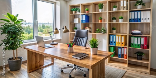 Modern office space featuring sleek wooden desk, ergonomic chair, and tidy shelves stocked with colorful pens,