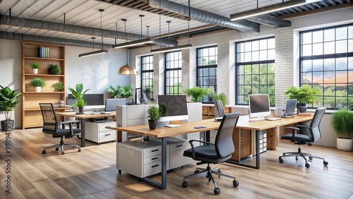 Wallpaper Mural Modern office space with gently used desks, ergonomic chairs, and metal filing cabinets, showcasing a second-hand Torontodigital.ca