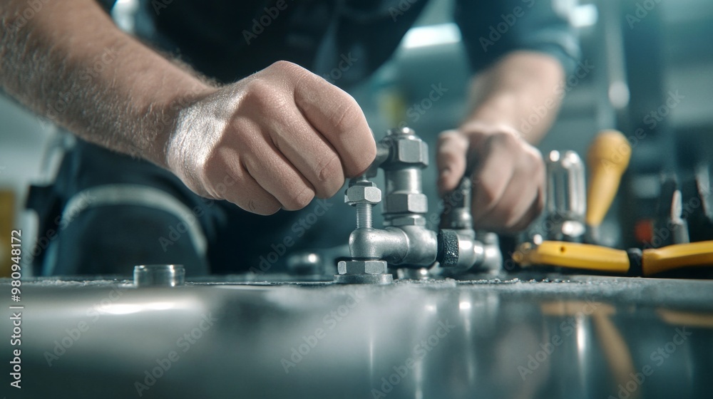 A close-up of a plumbers hands as he works with metal pipes and fittings in a workshop A close-up of a plumbers hands as he works with metal pipes and fittings in a workshop