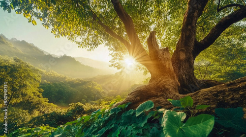 Idyllic Morning Scene of Daybreak in a Woodland Landscape, Evoking Tranquility and Harmony