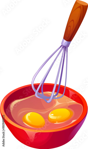 Whisk inside a red bowl containing two cracked eggs, ready to be mixed. Isolated cartoon vector kitchen scene with a mixing utensil and egg product in a moment of cooking meals and bakery preparation