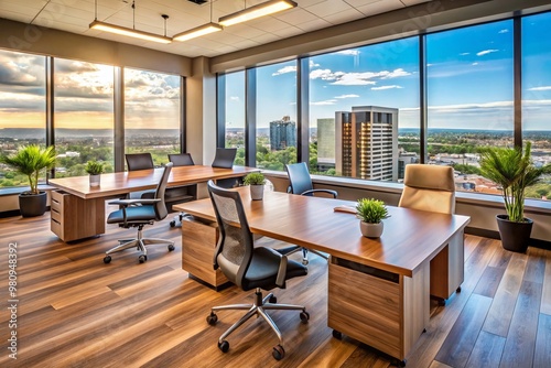 Modern office space with sleek wooden desks, ergonomic chairs, and contemporary decor, located in Midland, Texas, photo