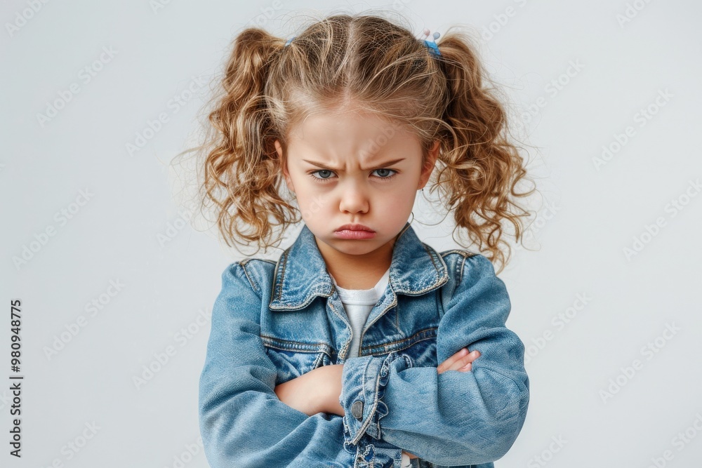 Grumpy Little Girl with Curly Hair and Denim Jacket Grumpy Little Girl with Curly Hair and Denim Jacket