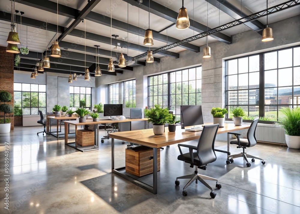 Modern open-concept office interior features sleek lines, polished concrete floors, and minimalist decor, flooded with Modern open-concept office interior features sleek lines, polished concrete floors, and minimalist decor, flooded with