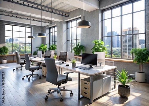 Modern office workspace with sleek grey desks, ergonomic chairs, and minimalist decor, flooded with natural light