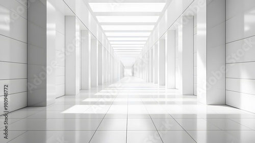 Sleek white corridor with clean geometric lines and a glass ceiling, exhibiting natural light and polished floor tiles, presenting a futuristic interior design perspective.