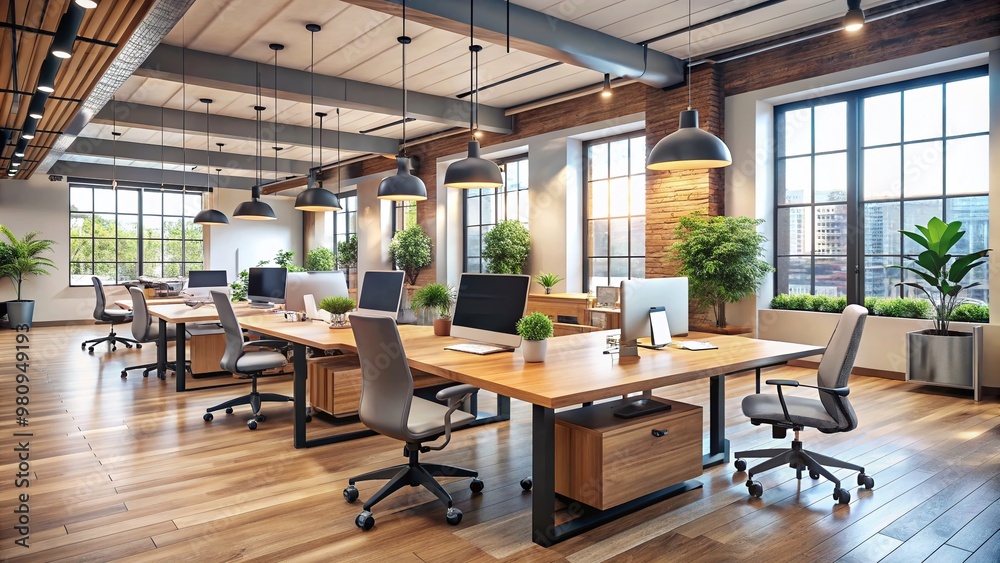 Modern open-plan office with sleek wooden desks, ergonomic chairs, and stylish lamps, flooded with natural light, Modern open-plan office with sleek wooden desks, ergonomic chairs, and stylish lamps, flooded with natural light,