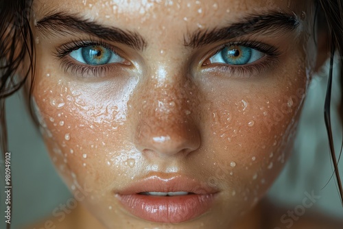 radiant woman with flawless skin water droplets cascading over face soft focus on eyes embodying natural beauty and freshness