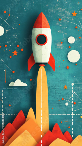 Vintage rocket blasts off through a chart, leaving a trail of flames behind