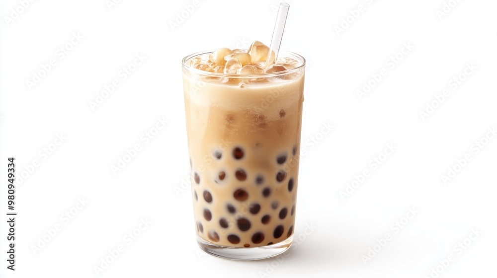 A clear glass of classic brown sugar bubble tea with visible tapioca pearls and a wide straw, placed on a white background, highlighting its creamy texture and refreshing look. A clear glass of classic brown sugar bubble tea with visible tapioca pearls and a wide straw, placed on a white background, highlighting its creamy texture and refreshing look.